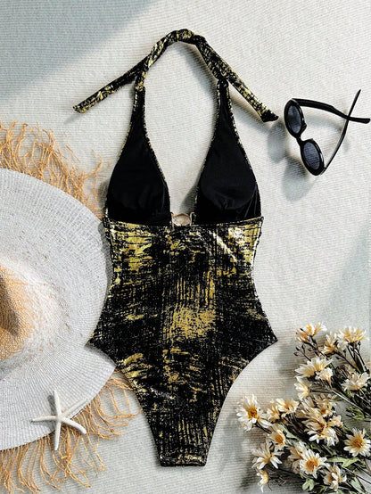 Swim Lushoire Women's Sexy Gold Foil Fabric Deep V-Neck Metal Decor Backless One-Piece Swimsuit, Suitable For Summer Beach Vacation