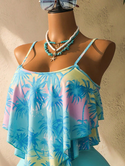 Swim Lushoire Women's Summer Vacation Beach Coconut Tree Print Tankini Set