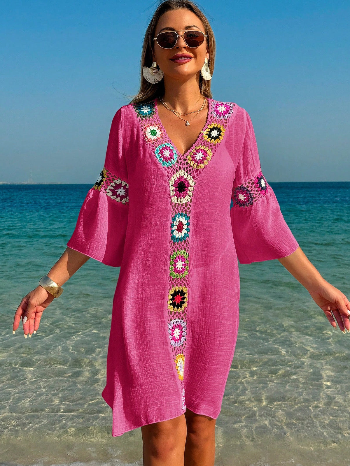 Swim Lushoire Women V-Neck 3/4 Sleeve Crochet Floral Print Loose Fit Side Split Dress/Cover Up For Summer Beach Vacation
