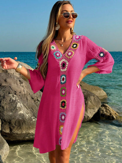 Swim Lushoire Women V-Neck 3/4 Sleeve Crochet Floral Print Loose Fit Side Split Dress/Cover Up For Summer Beach Vacation