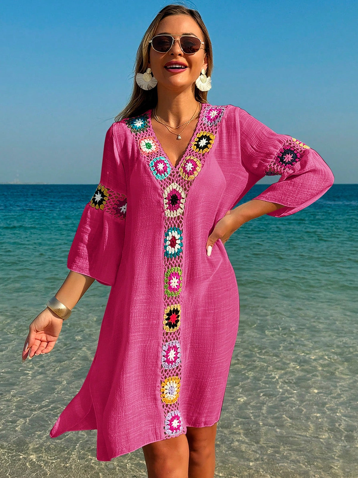 Swim Lushoire Women V-Neck 3/4 Sleeve Crochet Floral Print Loose Fit Side Split Dress/Cover Up For Summer Beach Vacation
