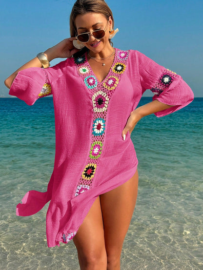Swim Lushoire Women V-Neck 3/4 Sleeve Crochet Floral Print Loose Fit Side Split Dress/Cover Up For Summer Beach Vacation