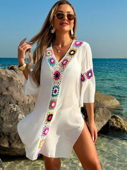 Swim Lushoire Women V-Neck 3/4 Sleeve Crochet Floral Print Loose Fit Side Split Dress/Cover Up For Summer Beach Vacation