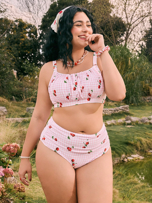 Swim Mod 1 Set Plus Size Women's 2pcs Cherry Print Sweet & Luxurious Beachwear Swimsuit For Summer Beach Vacation