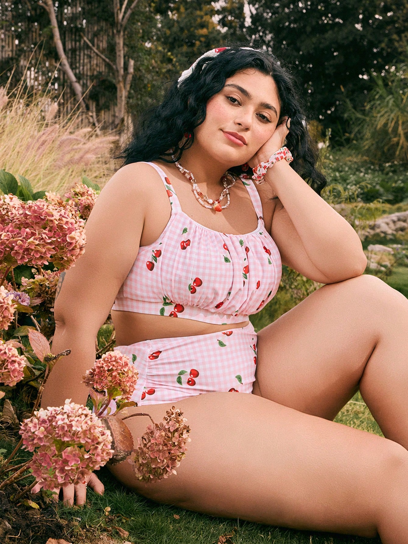 Swim Mod 1 Set Plus Size Women's 2pcs Cherry Print Sweet & Luxurious Beachwear Swimsuit For Summer Beach Vacation