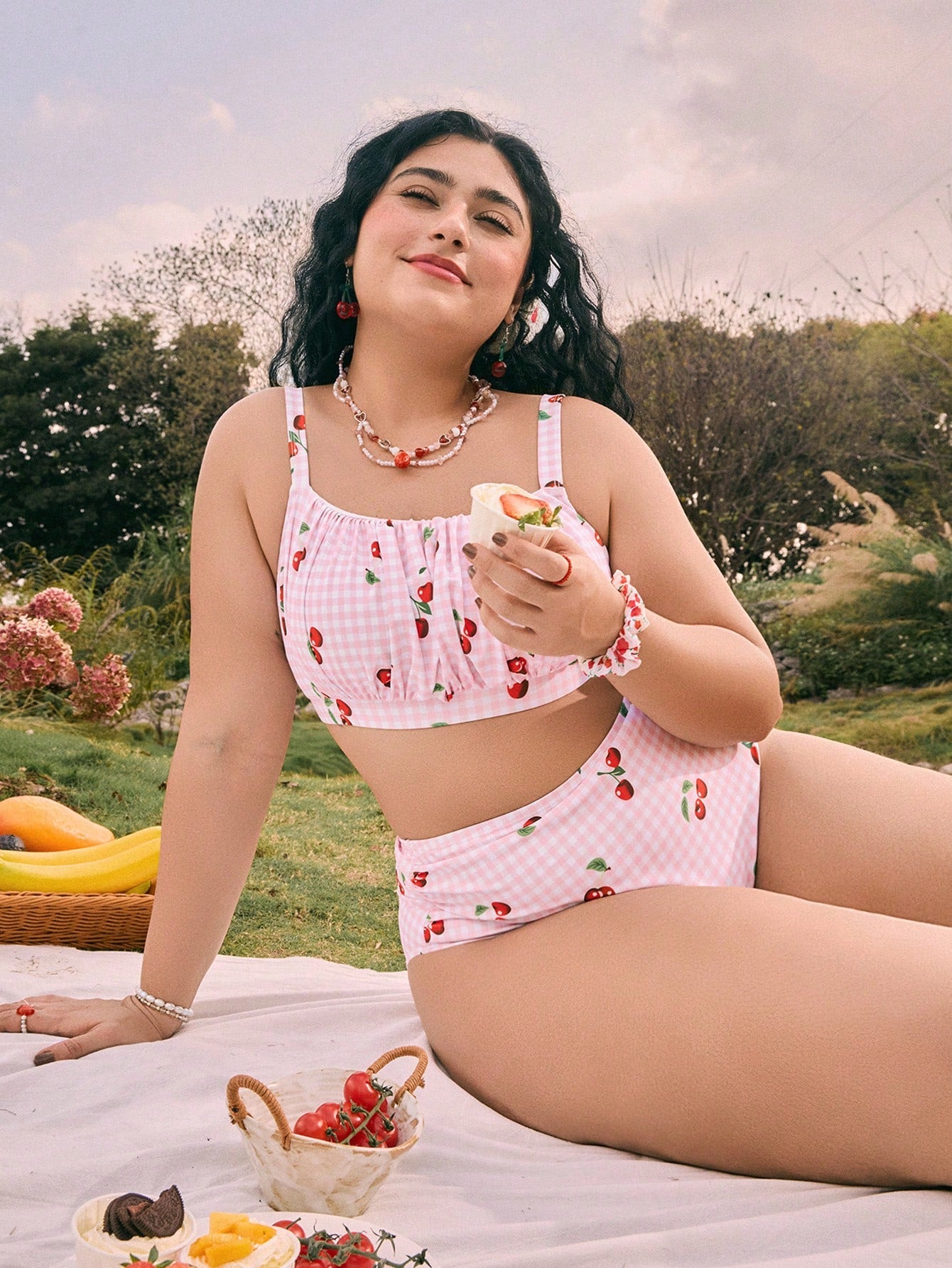 Swim Mod 1 Set Plus Size Women's 2pcs Cherry Print Sweet & Luxurious Beachwear Swimsuit For Summer Beach Vacation