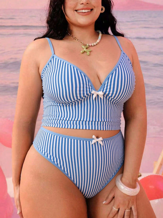 Swim Mod 2026 New Plus Size Women 2-Piece Geometric Print Fashionable Casual Swimwear, Adjustable Thick Strap High-Waisted Tankini With Bow Decor