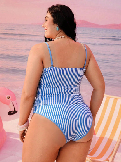 Swim Mod 2026 New Plus Size Women 2-Piece Geometric Print Fashionable Casual Swimwear, Adjustable Thick Strap High-Waisted Tankini With Bow Decor