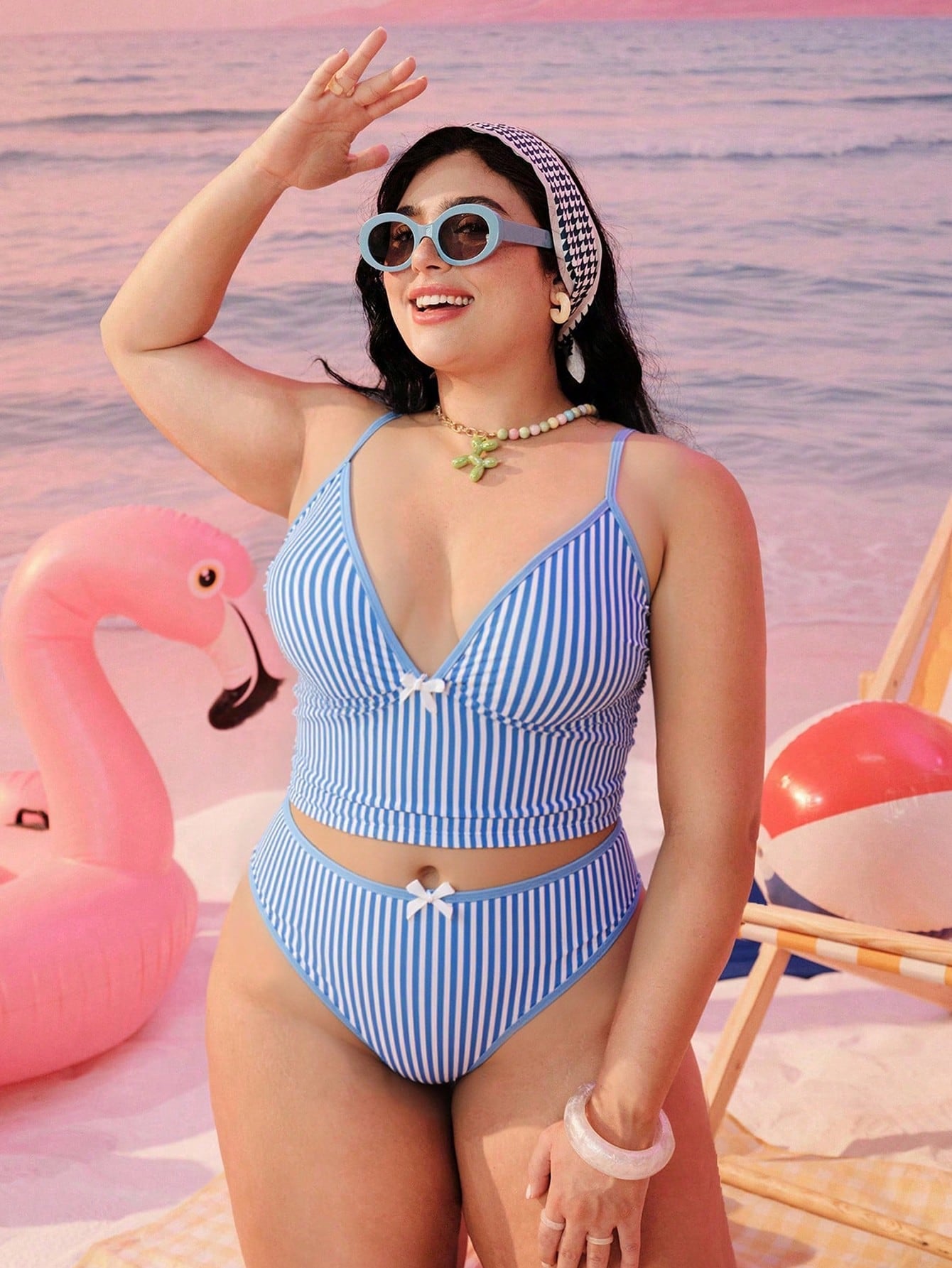 Swim Mod 2026 New Plus Size Women 2-Piece Geometric Print Fashionable Casual Swimwear, Adjustable Thick Strap High-Waisted Tankini With Bow Decor