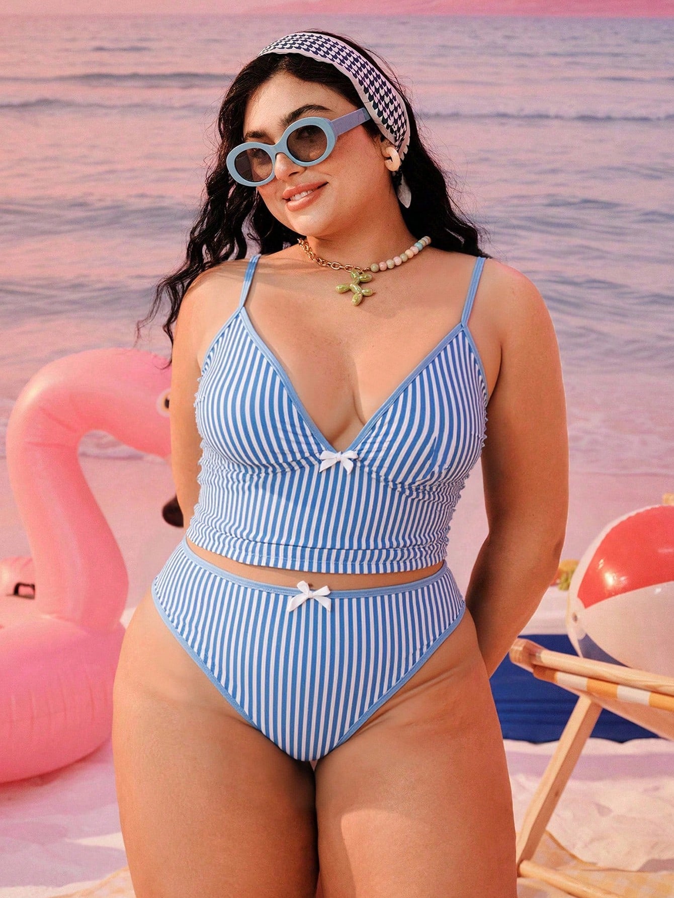 Swim Mod 2026 New Plus Size Women 2-Piece Geometric Print Fashionable Casual Swimwear, Adjustable Thick Strap High-Waisted Tankini With Bow Decor