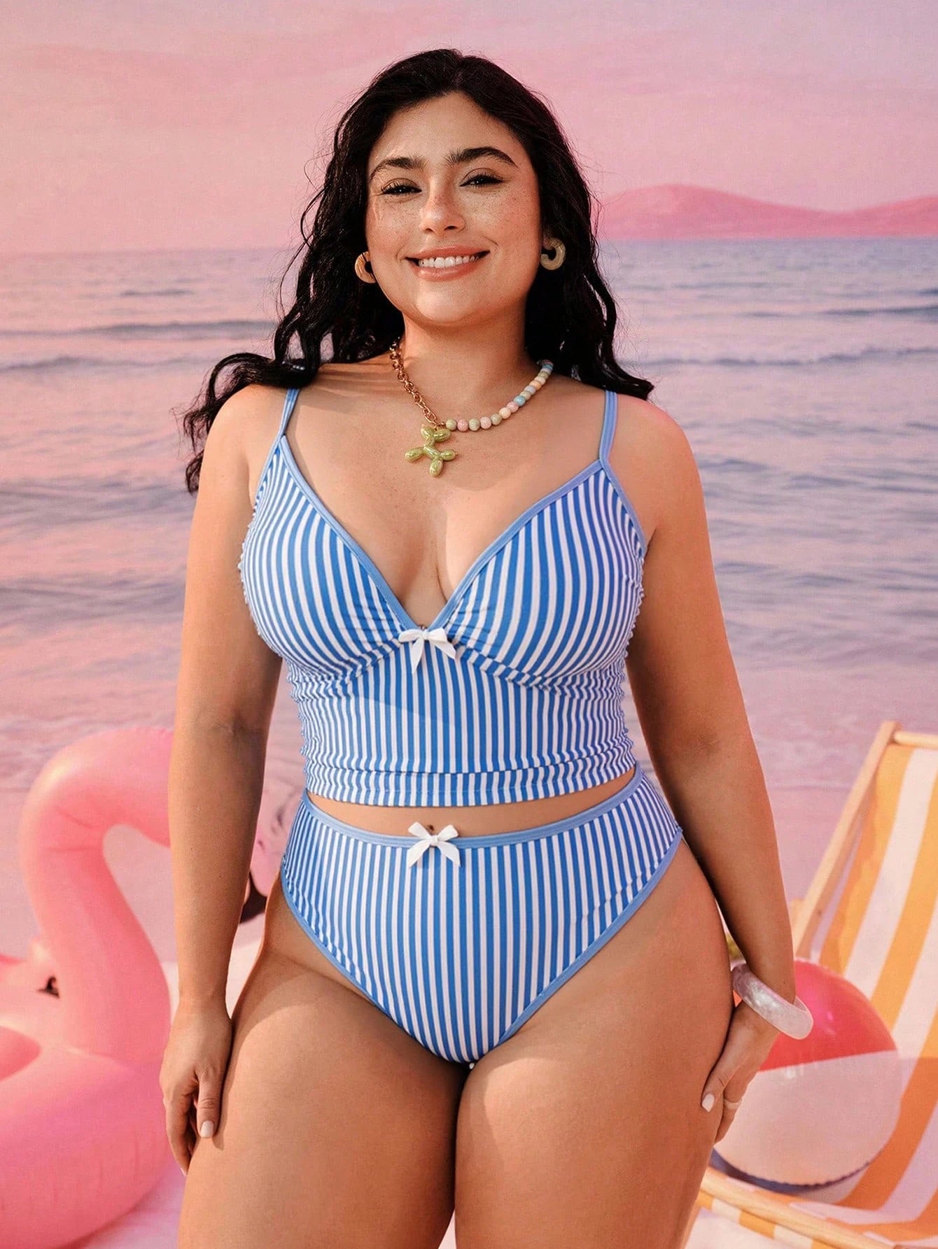 Swim Mod 2026 New Plus Size Women 2-Piece Geometric Print Fashionable Casual Swimwear, Adjustable Thick Strap High-Waisted Tankini With Bow Decor