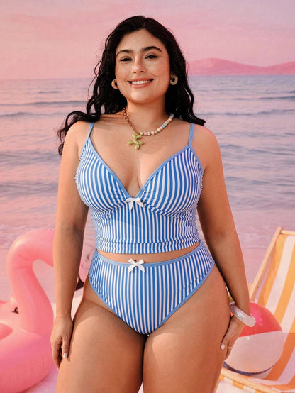 Swim Mod 2026 New Plus Size Women 2-Piece Geometric Print Fashionable Casual Swimwear, Adjustable Thick Strap High-Waisted Tankini With Bow Decor