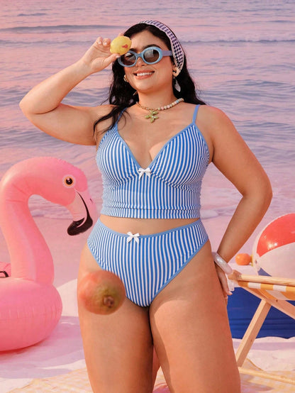 Swim Mod 2026 New Plus Size Women 2-Piece Geometric Print Fashionable Casual Swimwear, Adjustable Thick Strap High-Waisted Tankini With Bow Decor