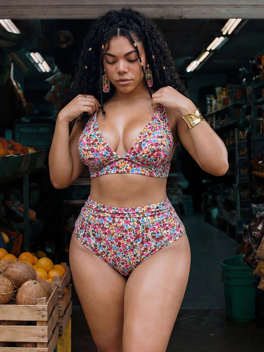 Swim Mod 2026 New Plus Size Women 2pcs/Set Random Print High Waist Ruched Casual Swimwear Set