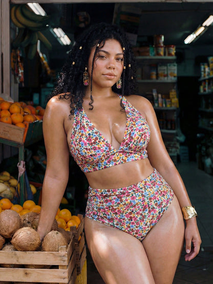 Swim Mod 2026 New Plus Size Women 2pcs/Set Random Print High Waist Ruched Casual Swimwear Set