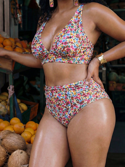 Swim Mod 2026 New Plus Size Women 2pcs/Set Random Print High Waist Ruched Casual Swimwear Set