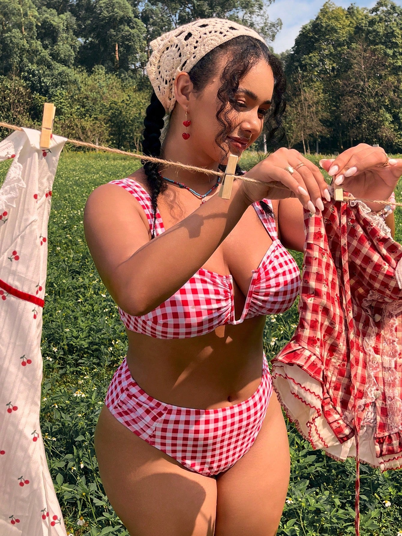 Swim Mod 2026 New Plus Size Women's Fashionable Bikini Set, Plaid Print, Wide Strap, U-Neck, Sexy & Cute, Suitable For Beach, Vacation