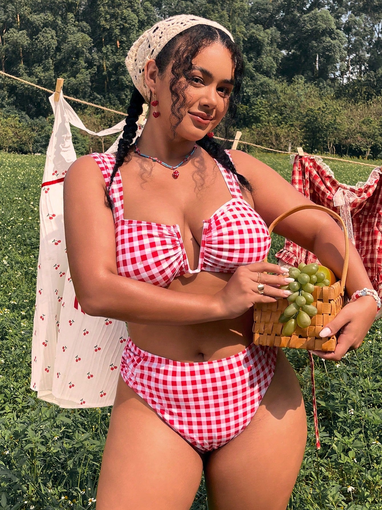 Swim Mod 2026 New Plus Size Women's Fashionable Bikini Set, Plaid Print, Wide Strap, U-Neck, Sexy & Cute, Suitable For Beach, Vacation
