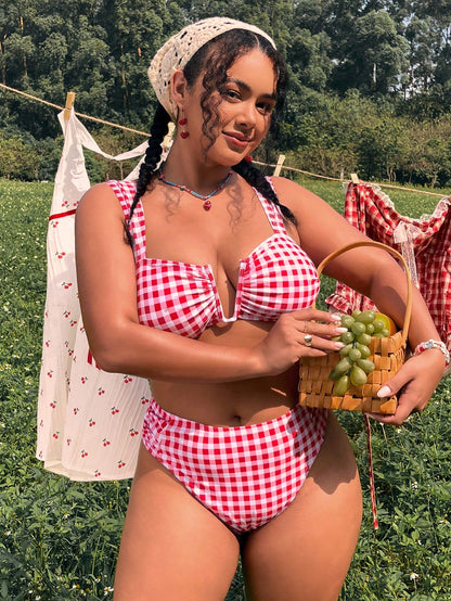 Swim Mod 2026 New Plus Size Women's Fashionable Bikini Set, Plaid Print, Wide Strap, U-Neck, Sexy & Cute, Suitable For Beach, Vacation