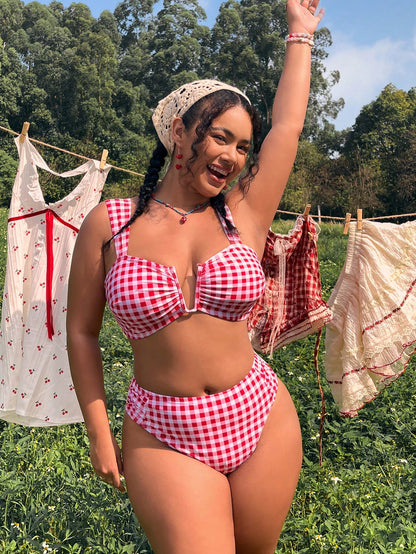 Swim Mod 2026 New Plus Size Women's Fashionable Bikini Set, Plaid Print, Wide Strap, U-Neck, Sexy & Cute, Suitable For Beach, Vacation