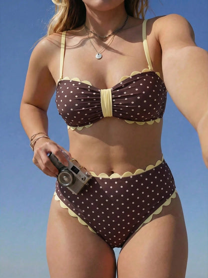 Swim Mod 2026 New Spring/Summer Plus Size 2-Piece Bikini Set Set With Large Scoop Neck And Random Polka Dot Print, Suitable For Beach And Vacation Wear