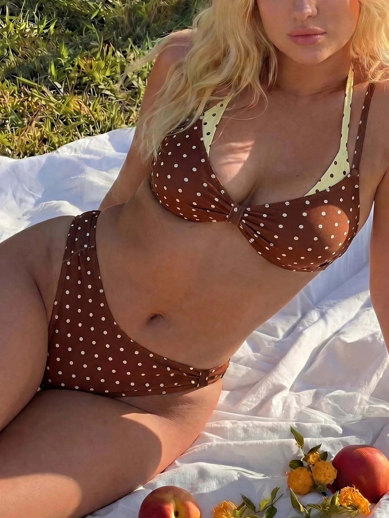 Swim Mod 2026 New Summer Beach Vacation Women's Bikini Set, Brown And Yellow Polka Dot Contrast Print, Summer Beach Vacation, 90s Y2K Style Swimsuit, Suitable For Outings, Parties, Casual Occasions Pl