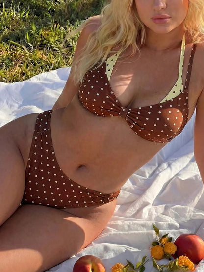 Swim Mod 2026 New Summer Beach Vacation Women's Bikini Set, Brown And Yellow Polka Dot Contrast Print, Summer Beach Vacation, 90s Y2K Style Swimsuit, Suitable For Outings, Parties, Casual Occasions Pl
