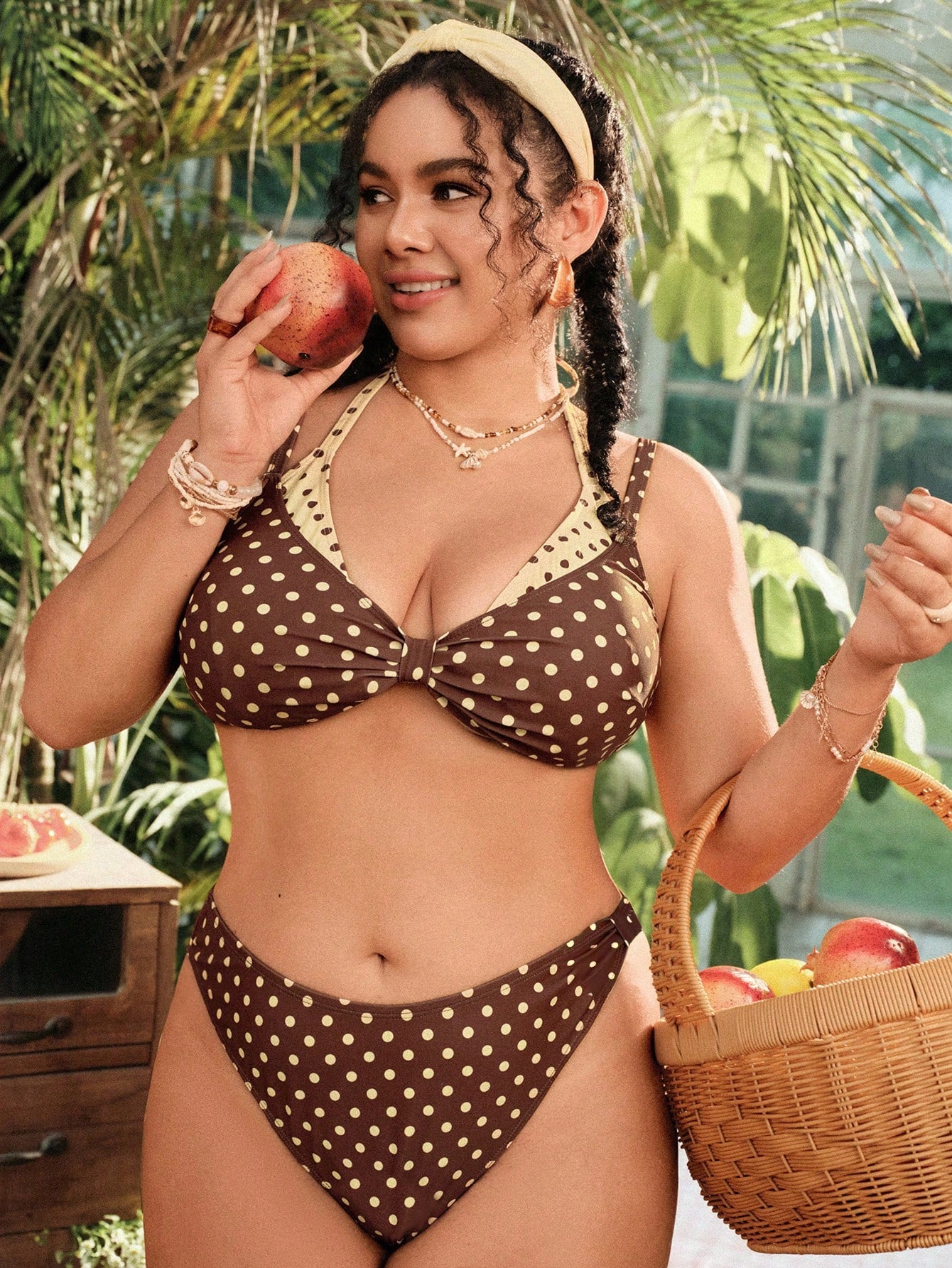 Swim Mod 2026 New Summer Beach Vacation Women's Bikini Set, Brown And Yellow Polka Dot Contrast Print, Summer Beach Vacation, 90s Y2K Style Swimsuit, Suitable For Outings, Parties, Casual Occasions Pl