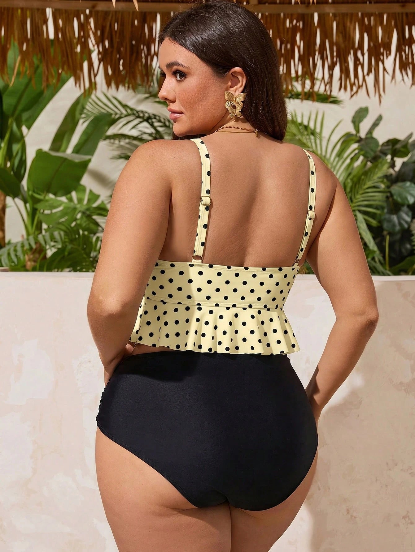 Swim Mod 2026 New Sweet Polka Dot Ruffle Trim Plus Size Swimwear Set For Women, Casual Pirate Vacation Beach Yellow Summer