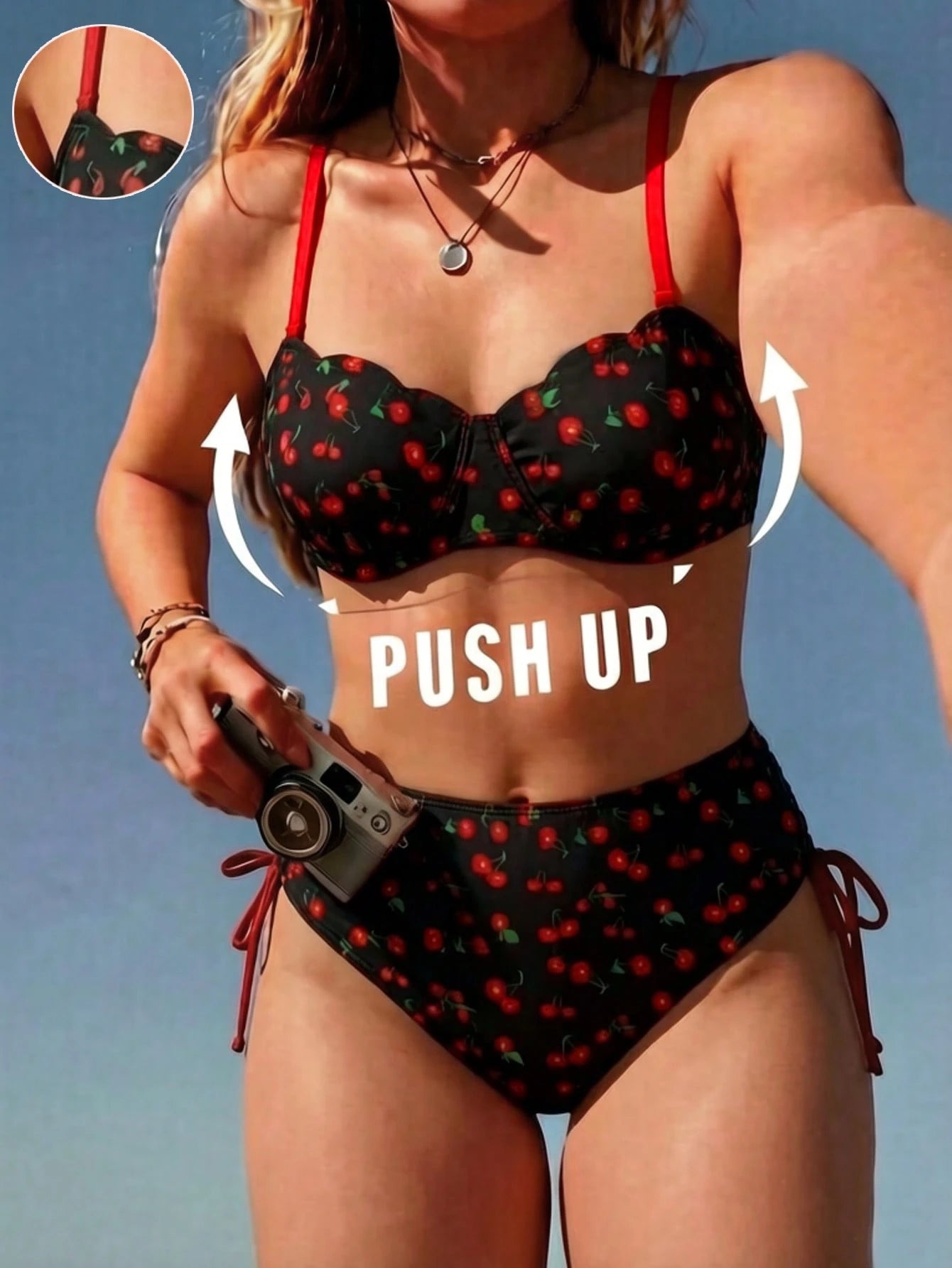 Swim Mod 2026 Spring/Summer Push-Up Underwire Shell Hard Cup Bikini Set With Detachable Cherry Print, Adjustable Shoulder Straps, Easy On/Off, Premium Metal Back Clasp, Sexy High-Waist Triangle Bottom