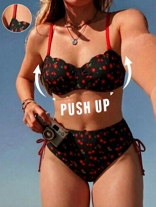 Swim Mod 2026 Spring/Summer Push-Up Underwire Shell Hard Cup Bikini Set With Detachable Cherry Print, Adjustable Shoulder Straps, Easy On/Off, Premium Metal Back Clasp, Sexy High-Waist Triangle Bottom