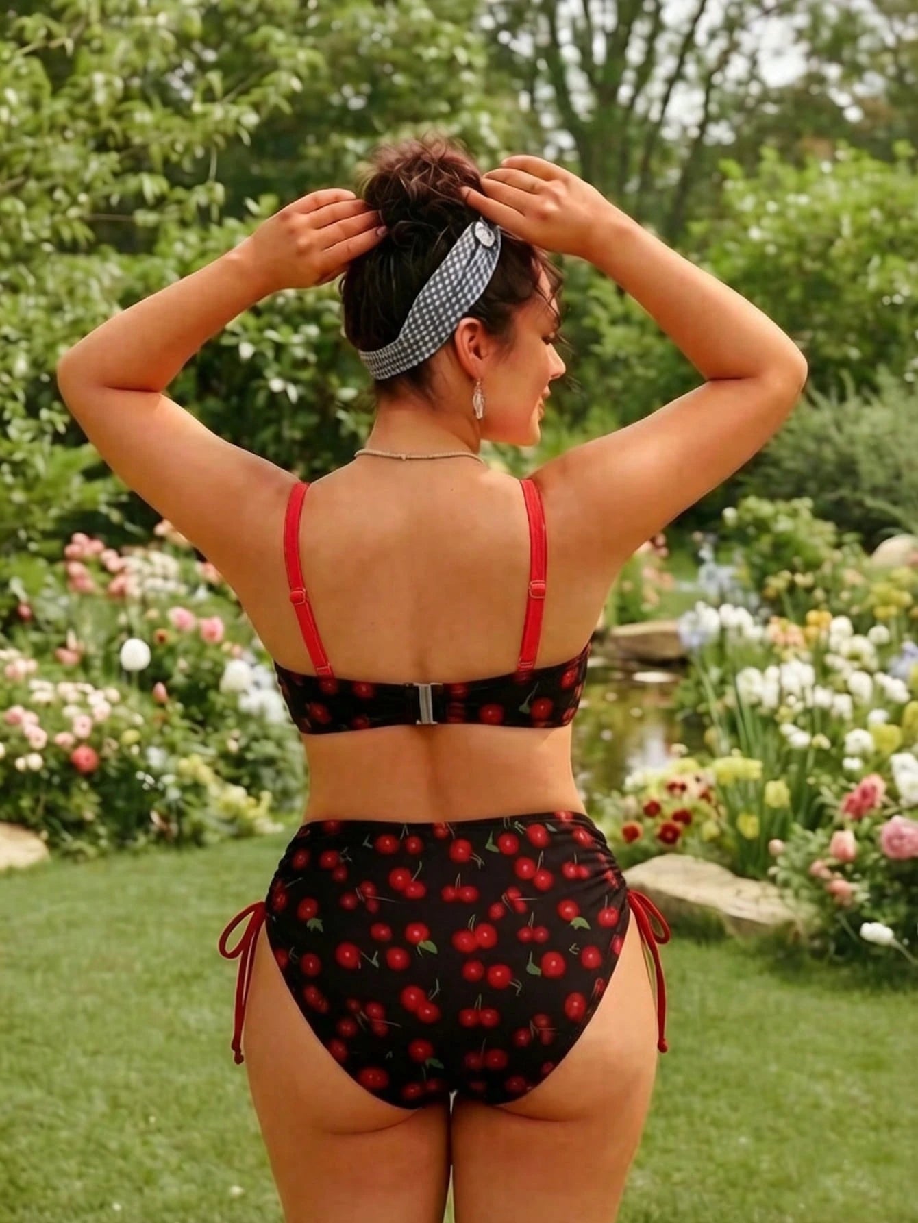 Swim Mod 2026 Spring/Summer Push-Up Underwire Shell Hard Cup Bikini Set With Detachable Cherry Print, Adjustable Shoulder Straps, Easy On/Off, Premium Metal Back Clasp, Sexy High-Waist Triangle Bottom