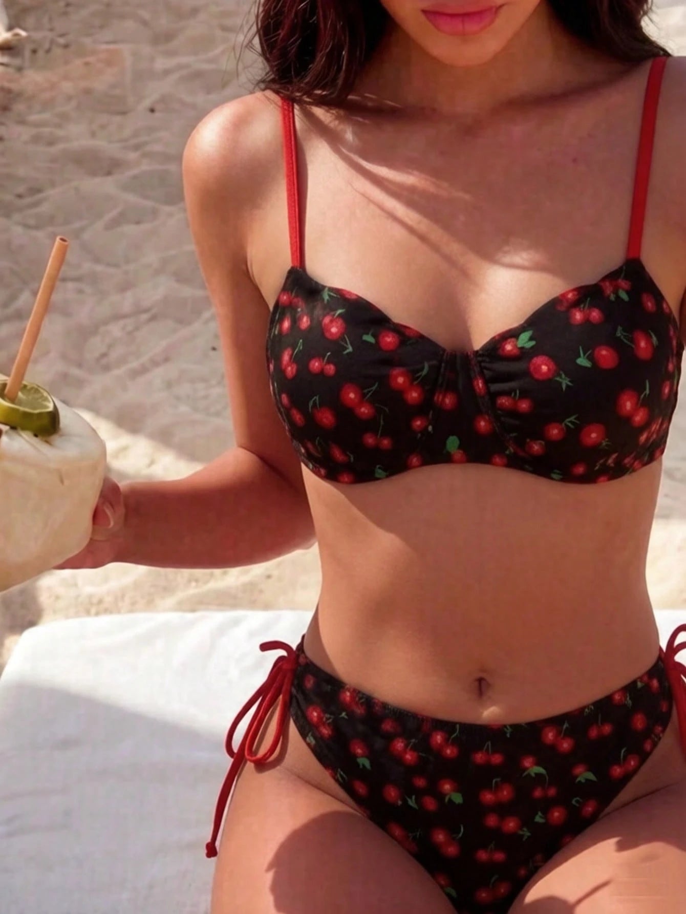 Swim Mod 2026 Spring/Summer Push-Up Underwire Shell Hard Cup Bikini Set With Detachable Cherry Print, Adjustable Shoulder Straps, Easy On/Off, Premium Metal Back Clasp, Sexy High-Waist Triangle Bottom