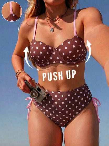 Swim Mod 2026 Spring/Summer Push-Up Underwire Shell Hard Cup Bikini Set With Detachable Cherry Print, Adjustable Shoulder Straps, Easy On/Off, Premium Metal Back Clasp, Sexy High-Waist Triangle Bottom