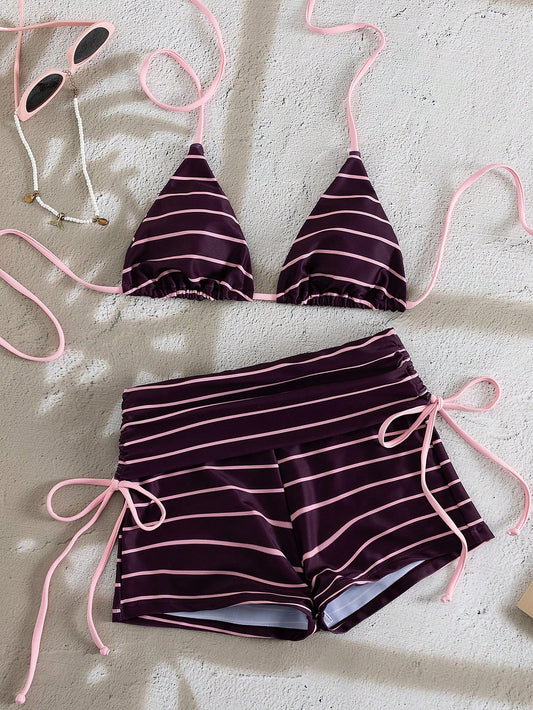 Swim Mod 2pcs/Set Women's Pink Stripe Halter Backless Top With Side Tie Shorts,Cute Elegant Summer Beach Holiday Fashion Bikini Swimwear Set