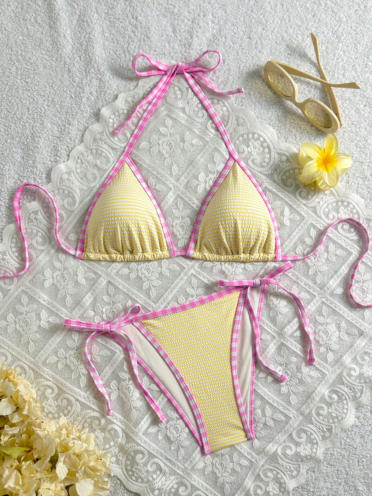 Swim Mod 2pcs Women's Cute Yellow White Striped Halter Top And Side Tie Triangle Bikini Set,Sweet Pink Plaid Trim Knit Jacquard Summer Beach Holiday Outfits