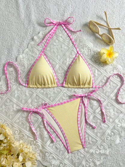 Swim Mod 2pcs Women's Cute Yellow White Striped Halter Top And Side Tie Triangle Bikini Set,Sweet Pink Plaid Trim Knit Jacquard Summer Beach Holiday Outfits