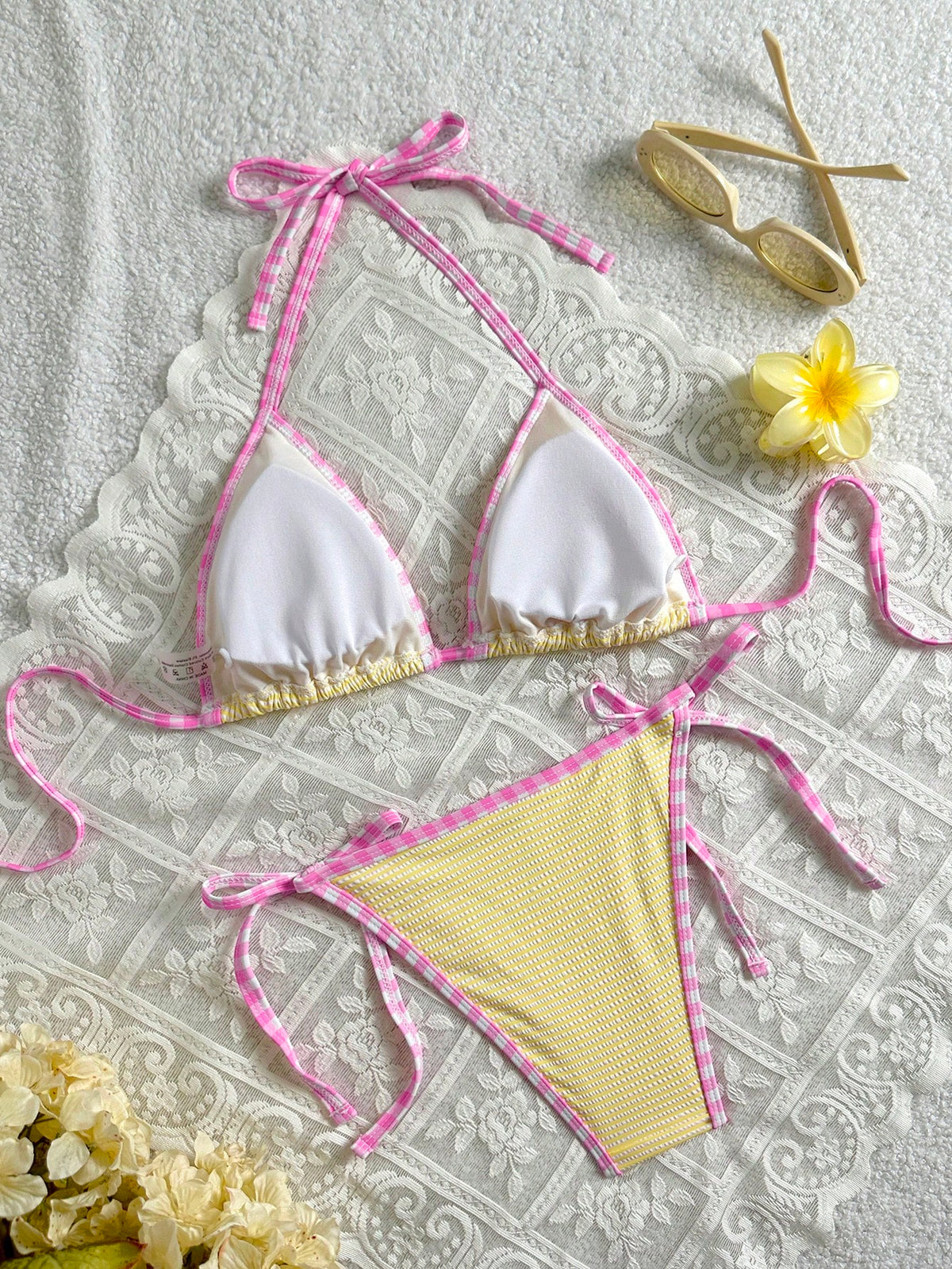 Swim Mod 2pcs Women's Cute Yellow White Striped Halter Top And Side Tie Triangle Bikini Set,Sweet Pink Plaid Trim Knit Jacquard Summer Beach Holiday Outfits