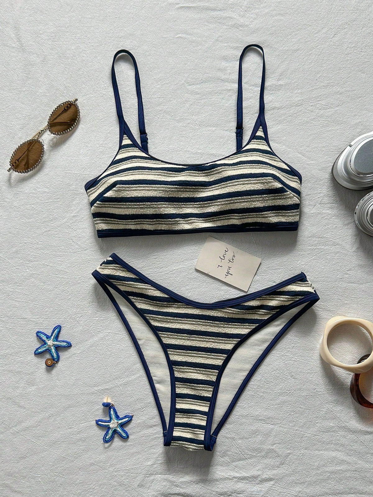 Swim Mod Blue And White Stripe Women Swimsuit Set,Bikini Two Pieces,Textured Adjustable Strap,Summer,Coastal,Holiday,Pool Party,Beach Sporty Casual Swimwear