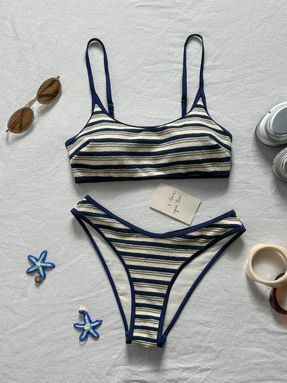 Swim Mod Blue And White Stripe Women Swimsuit Set,Bikini Two Pieces,Textured Adjustable Strap,Summer,Coastal,Holiday,Pool Party,Beach Sporty Casual Swimwear