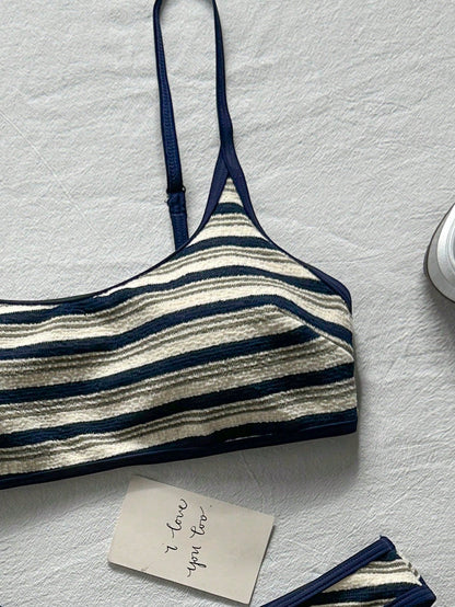 Swim Mod Blue And White Stripe Women Swimsuit Set,Bikini Two Pieces,Textured Adjustable Strap,Summer,Coastal,Holiday,Pool Party,Beach Sporty Casual Swimwear