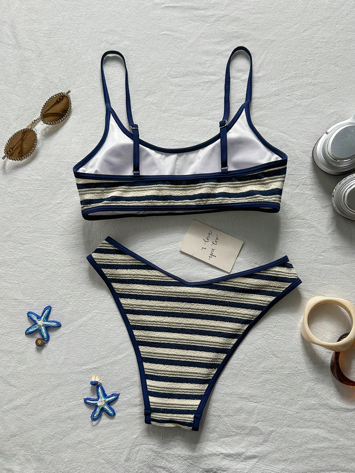 Swim Mod Blue And White Stripe Women Swimsuit Set,Bikini Two Pieces,Textured Adjustable Strap,Summer,Coastal,Holiday,Pool Party,Beach Sporty Casual Swimwear