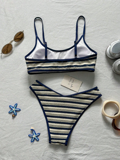 Swim Mod Blue And White Stripe Women Swimsuit Set,Bikini Two Pieces,Textured Adjustable Strap,Summer,Coastal,Holiday,Pool Party,Beach Sporty Casual Swimwear