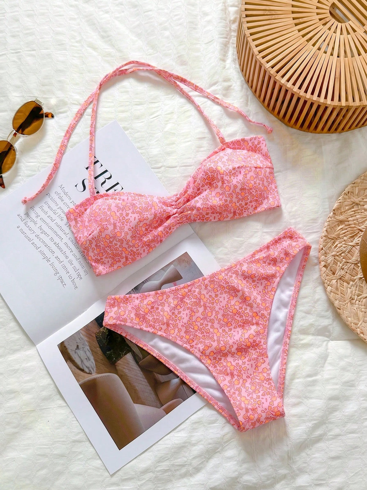 Swim Mod Floral Trim Cute Sweet Retro Casual Beach Vacation Women Swimwear Set
