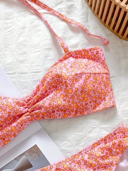 Swim Mod Floral Trim Cute Sweet Retro Casual Beach Vacation Women Swimwear Set