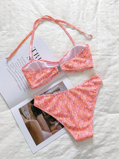 Swim Mod Floral Trim Cute Sweet Retro Casual Beach Vacation Women Swimwear Set