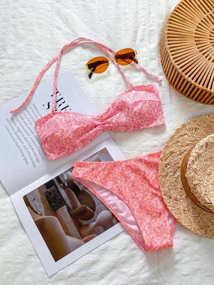 Swim Mod Floral Trim Cute Sweet Retro Casual Beach Vacation Women Swimwear Set