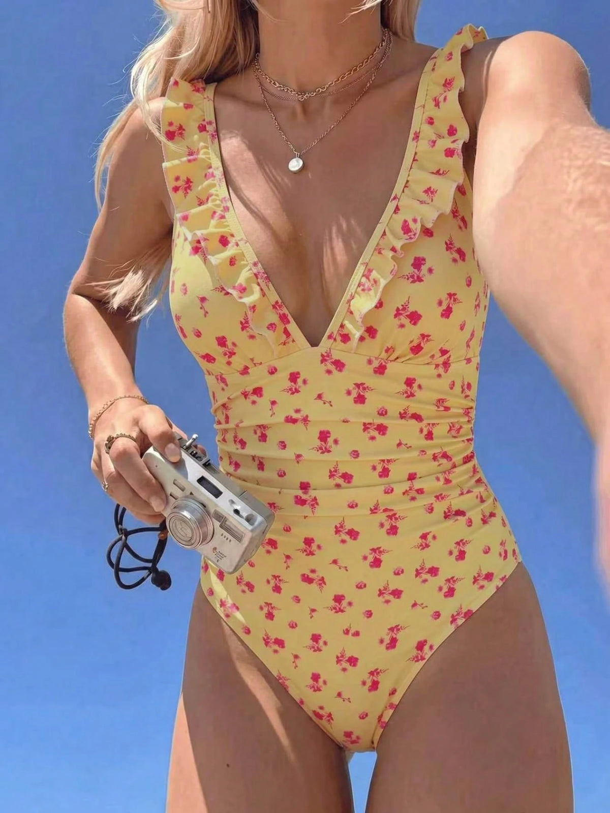 Swim Mod New Spring/Summer One-Piece Swimsuit, Sweet & Cute Yellow Base With Blue Ditsy Floral And Ruffle Trim, Suitable For Beach, Pool, Vacation