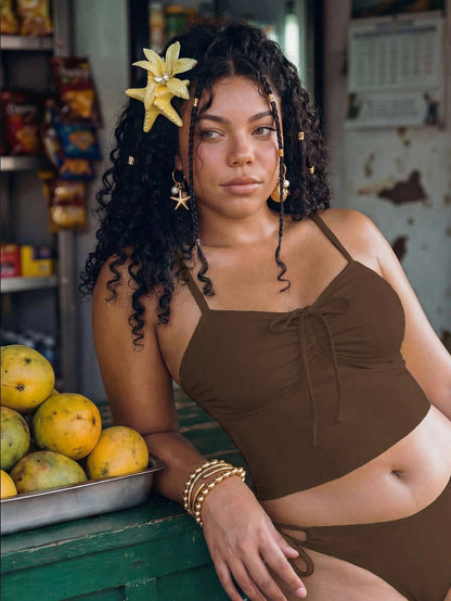 Swim Mod Plus Size 2-Piece Women Elegant Spaghetti Strap Bikini Set,Ruched Bow Tie Top,Adjustable Side Tie Bottoms,Summer Beach Vacation Vacation Holiday