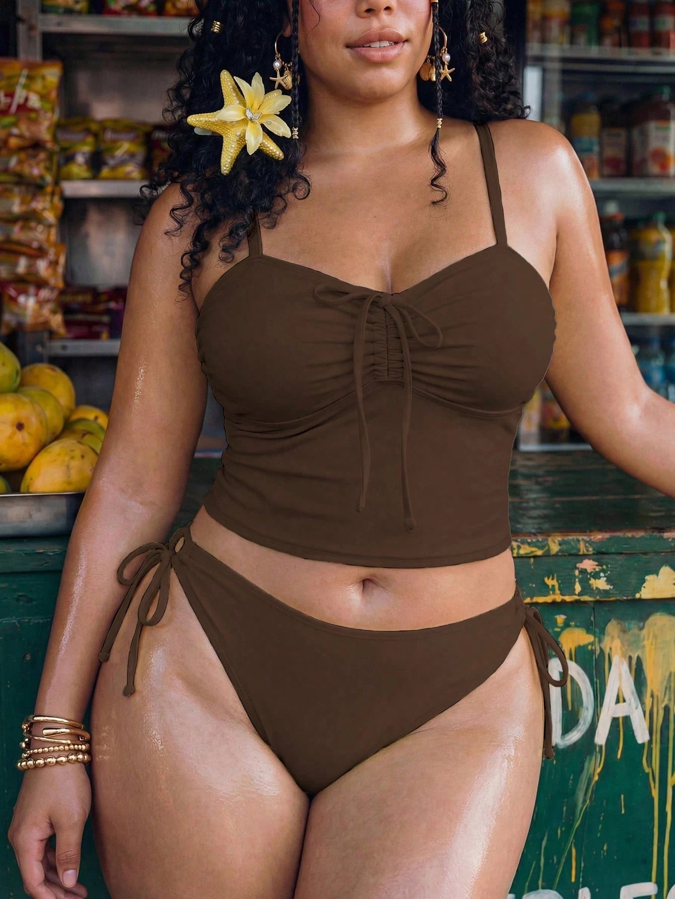 Swim Mod Plus Size 2-Piece Women Elegant Spaghetti Strap Bikini Set,Ruched Bow Tie Top,Adjustable Side Tie Bottoms,Summer Beach Vacation Vacation Holiday